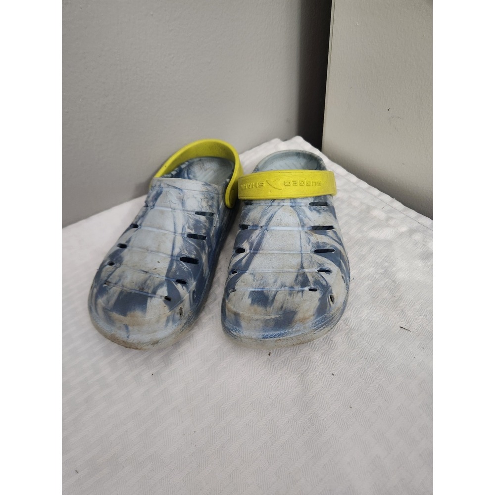 Rugged Shark Kids Blue Marble Swirl Clogs Water Shoes Neon Yellow Strap
